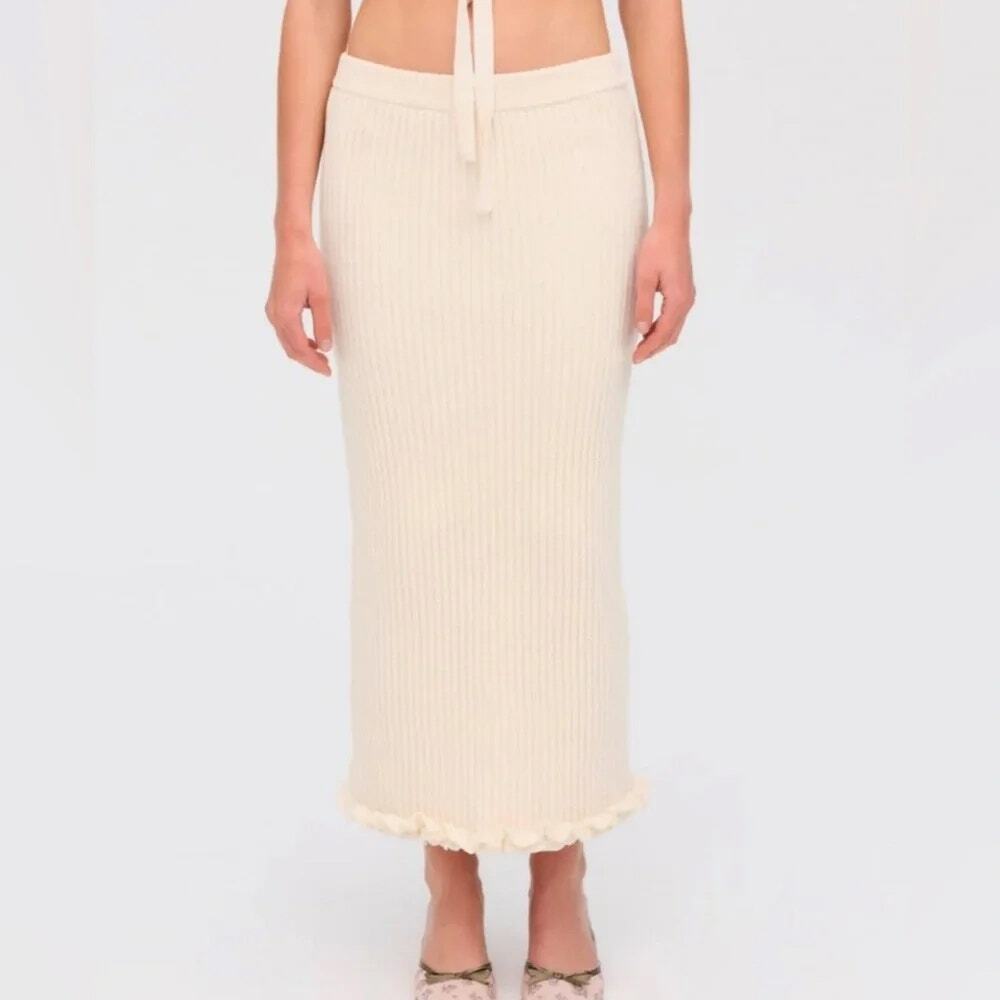 For Love & Lemons Rey Midi Skirt Cream Ruffle Chunky Knit Chenille SZ M